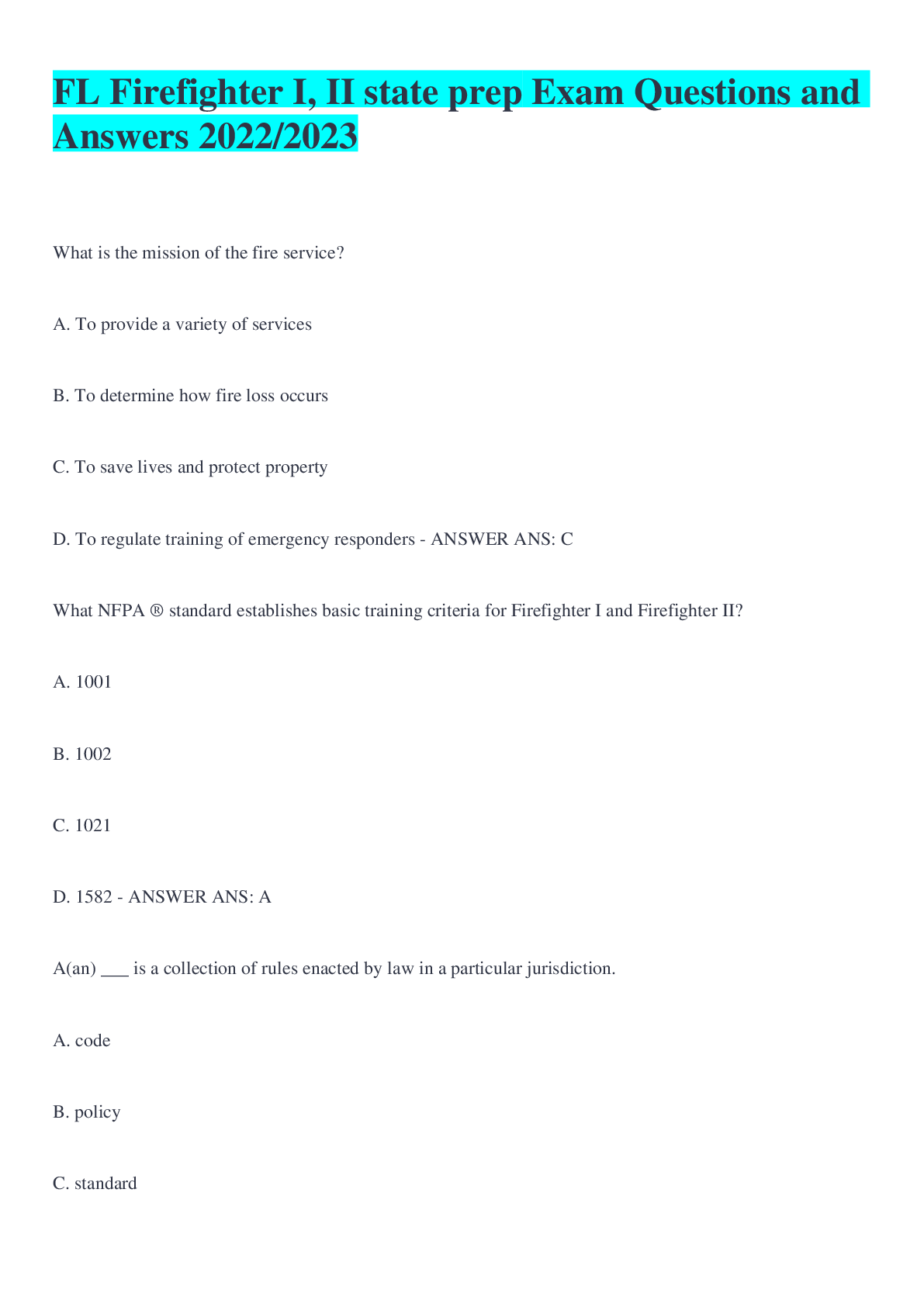 Preview image for FL Firefighter I, II state prep Exam Questions and Answers 2022/2023